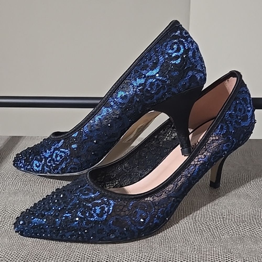L Lorraine Navy And Black Sequin Lace Pointed-Toe Heels - Picture 4 of 13